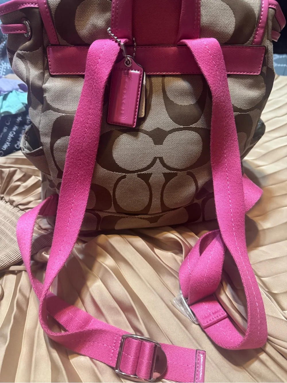 Coach Khaki Signature Canvas Backpack with Pink Trim